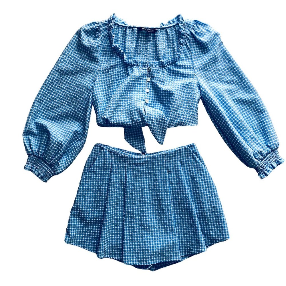 Zara White & Blue Gingham Crop Top Size S & Pleated Skort Size XS Two-piece